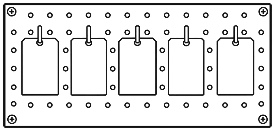 A pegboard with five blank name tags
